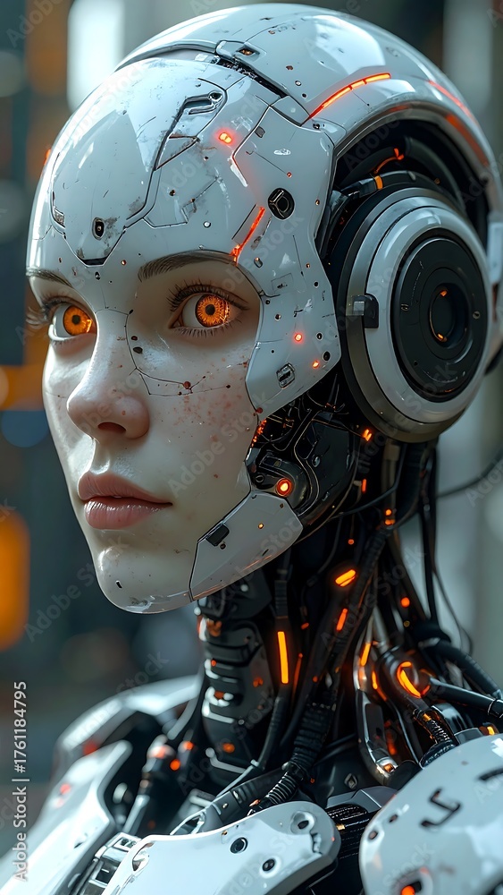 Fototapeta premium Futuristic cyborg portrait with glowing eyes