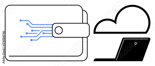 Digital wallet with circuit design links to a cloud and laptop symbolizing secure online payments. Ideal for technology, finance, cryptocurrency, e-commerce, data security, cloud computing, virtual