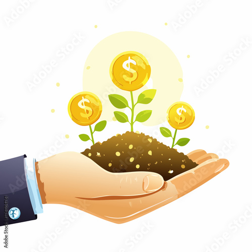 A hand holding a glowing seed with tiny dollar sprouts emerging from fertile soil.