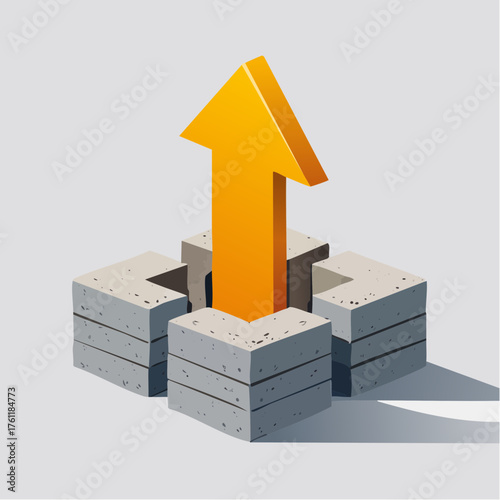 A growing three-dimensional arrow graph dramatically pierces through a solid, thick foundation of concrete blocks.