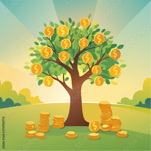A money tree with tiny gold coins growing as fruit basking under the morning sunlight.