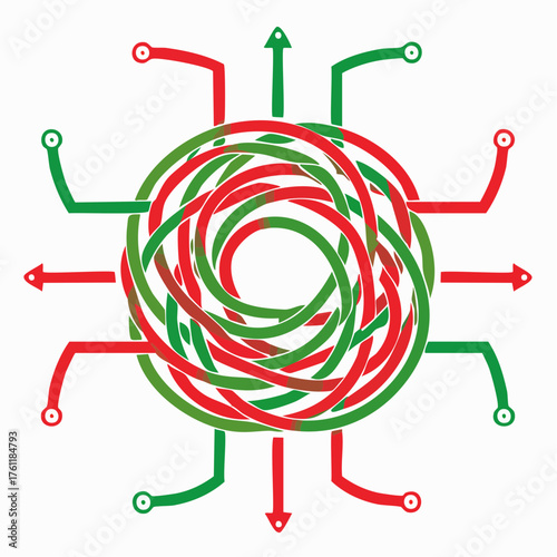 A tangled knot of red and green electrical wires abruptly straightens into a single, clear, efficient circuit.