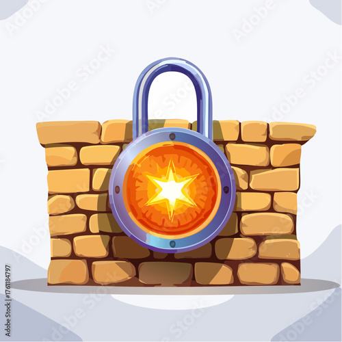 An oversized, heavy padlock secures a glowing bitcoin symbol etched onto a weathered, ancient stone wall.