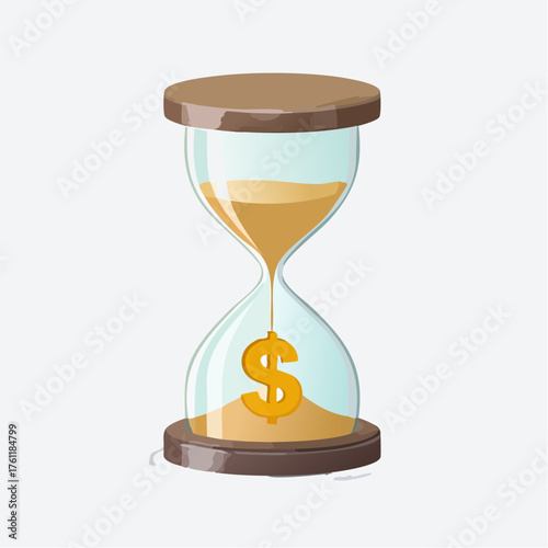 An hourglass stands with the sand quickly draining into a large dollar sign engraved in the base.