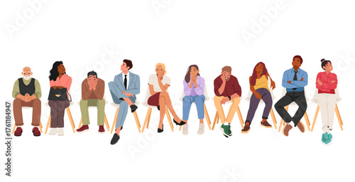 Diverse people cartoon characters waiting in queue sitting on chairs feeling nervous, bored, tired