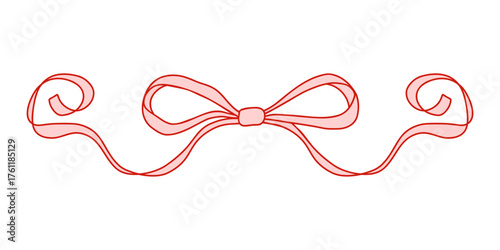 Whimsical coquette pink bow ribbon with red outline. Cute and elegant design element for Valentines Day, packaging, greeting cards, scrapbooking, feminine branding, and decorations. Vector art