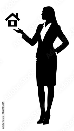 A flat black and white illustration of a real estate agent woman holding a silhouette of a house in the palm of her hand.  Vector graphics. EPS.