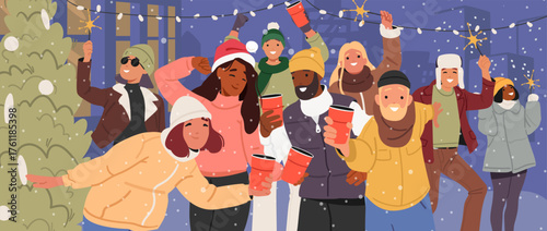 Happy people outdoors celebrating Christmas, New Year enjoying holiday gatherings on winter events