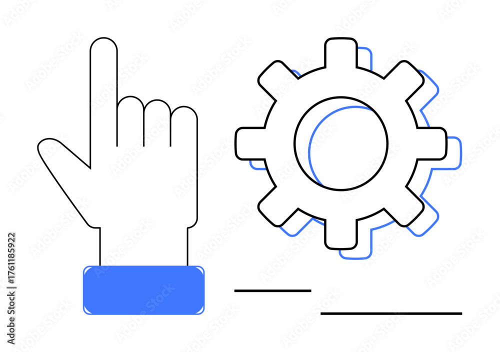 Obraz premium Hand pointing upward next to a gear icon signifying interaction, technology, and automation. Ideal for settings, control, preferences, tools, innovation decision-making and digital workflow. Simple