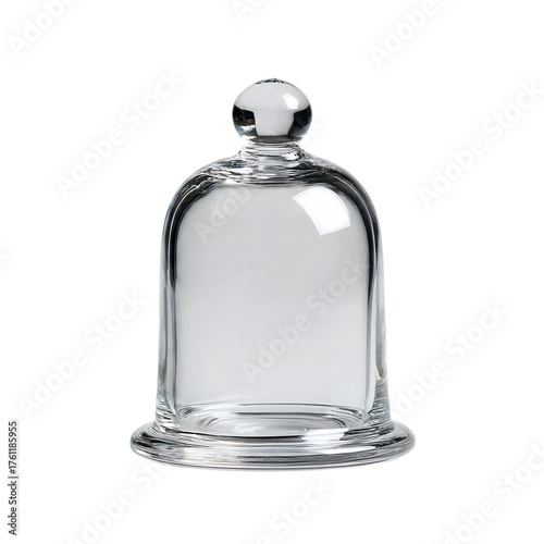 Clear glass cloche with a round knob on top sitting on a clear glass base against a black background
