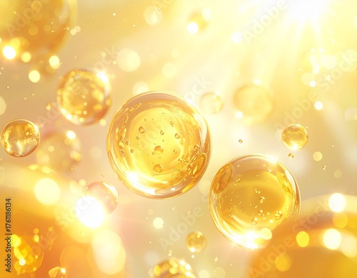 ゴールドのぷるぷるカプセルが放つうるおいと栄養の美容成分イメージ　ジェネレーティブAI