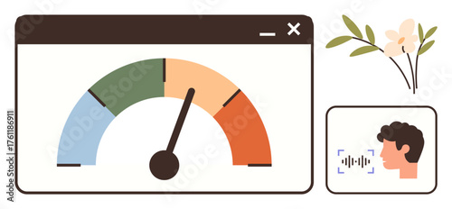 Dashboard gauge with needle showcasing performance levels, voice recognition scanning human profile, flower accent. Ideal for performance monitoring, technology, AI, user interface, data analysis