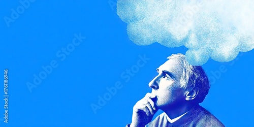 man thinking with thought bubble over his head - monotone blue and white