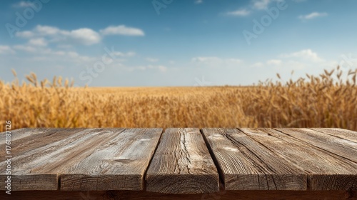 empty rustic wooden table on background of golden wheat field under sunny sky agriculture countryside farming bakery mockup for food product placement and eco style design harvest season