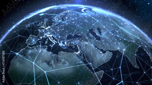 A futuristic high-tech map displaying geo-location triangulation graphics and digital overlays, showcasing advanced GPS tracking, global connectivity, and cinematic visualization of modern navigation