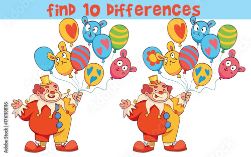 Funny clown with balloons - find 10 differences puzzle for kids. Colorful illustration for children logic game, printable activity, or educational worksheet. Isolated on white. Spot it