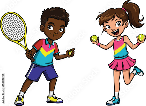 Cartoon children playing tennis, tennis racket, tennis balls, sporty outfit, pink dress, blue shorts, cheerful pose, standing, active, outdoor