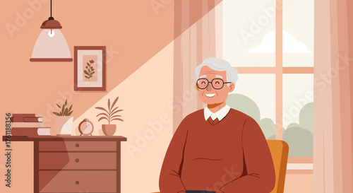 Smiling elderly man sitting in bright cozy room with sunlight through window, peaceful home interior with warm tones and houseplants, vector illustration
