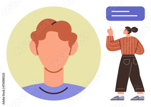 Abstract profile avatar alongside a woman pointing at a message box. Ideal for communication, user interface, profile setup, messaging, teamwork, social interaction, guidance. Simple flat metaphor
