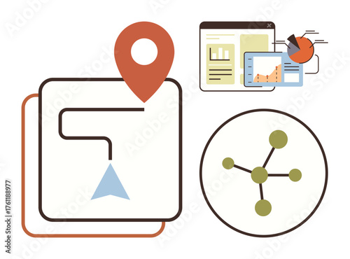 Analytics dashboard, navigation route with location pin, and network diagram. Ideal for marketing, data insights, logistics, project planning, location mapping networking business strategy. Simple