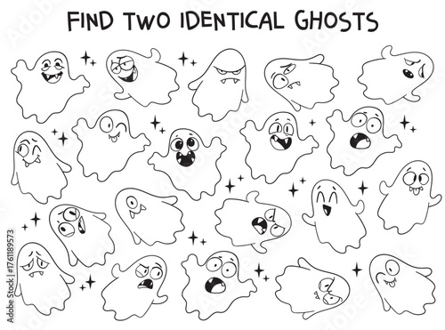 Funny Halloween puzzle with cute ghosts. Find two identical ghosts. Black and white doodle game for kids and coloring book page. Educational printable activity for children. Spot it