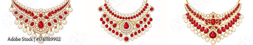Traditional Indian jewellery macro shot with pearls and rubies, white background, isolated, vector, set, Karwa Chauth  