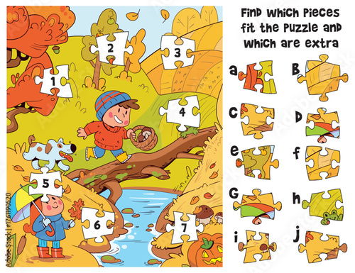 Autumn puzzle game for kids - find which pieces fit the picture and which are extra. Fun educational activity with children, dog, and fall landscape. Printable worksheet for learning. Spot it