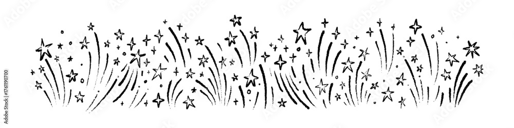 Naklejka premium Hand drawn pencil firework background. Simple childish kid crayon drawing. Salute explosion sketch vector illustration. New year, Christmas, birthday, Diwali celebration doodle firecracker