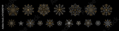 Set of luxury aesthetic gold and silver snow flakes. Hand drawn victorian filigree lae snowflakes. Merry Christmas and Happy New Year festive ornament. Twinkle, glitter, bling shiny drawing