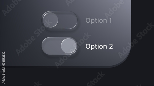 Two glass morphism toggle switches with text options for user interface elements. Modern UI UX design with transparent effect for web and app.