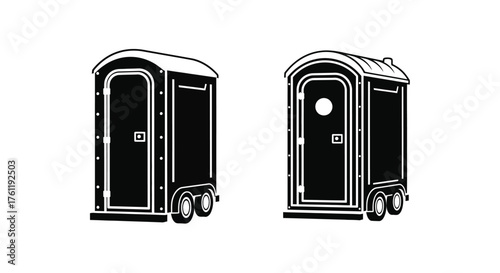 Two portable restrooms are depicted in a simple black and white style