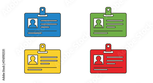 Four colorful identification badges with portrait images and magnetic clips