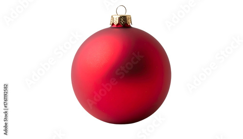 Isolated, perfectly round red ornament with a gold cap. Shiny surface, soft lighting