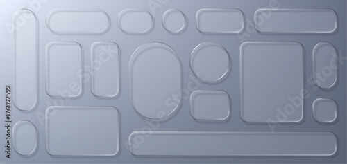 Set of liquid glass morphism elements on gray background. Blur effect transparent glass for modern UI design. User interface design.