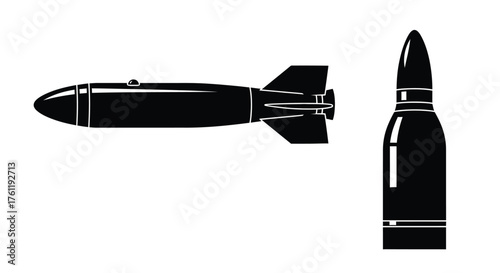 Two black and white depictions of bombs in side and front view