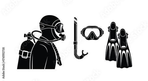 Silhouette of scuba diving equipment including mask fins and regulator