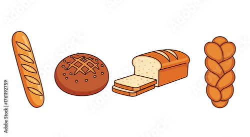 Variety of freshly baked breads displayed in a charming cartoon illustration