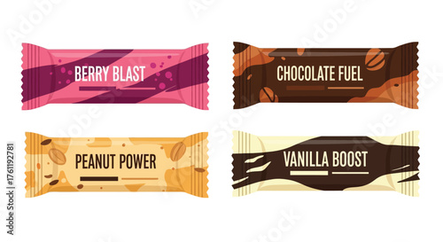 Four colorful energy bar wrappers with different flavor branding displayed