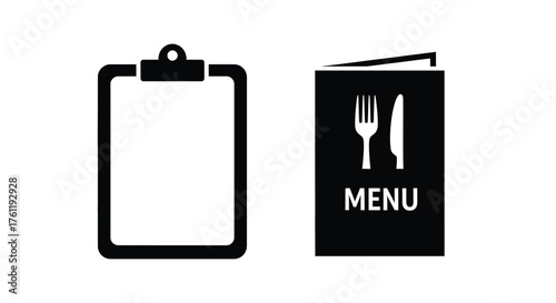 Black and white icons depicting a menu and a blank clipboard