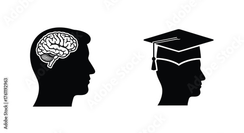 Human head silhouettes with a brain and graduation cap illustration
