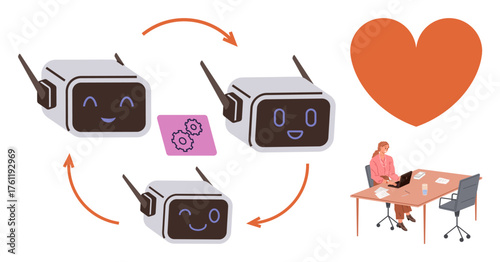 Robots exchanging tasks in circular workflow with happy expressions, human at desk with laptop, heart icon. Ideal for AI, robotics, teamwork, automation, innovation, collaboration creativity themes