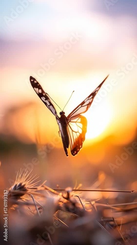 Majestic butterfly with patterned wings gracefully hovers in the warm glow of a captivating sunset, creating an ethereal scene