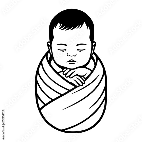 One single sleeping newborn baby in swaddle flat black and white vector illustration isolated contour line simple drawing
