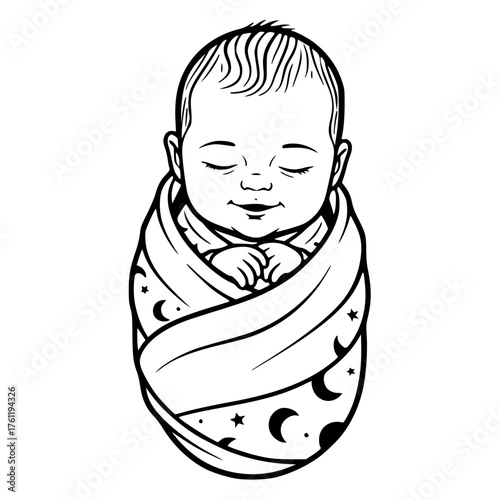 One single sleeping newborn baby in swaddle flat black and white vector illustration isolated contour line simple drawing