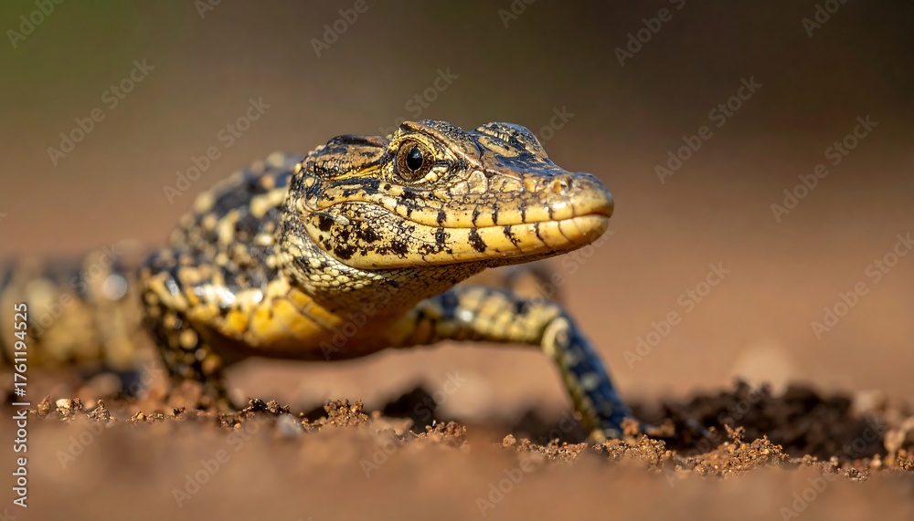 Naklejka premium Close-up of reptile emerging from dirt, focused gaze