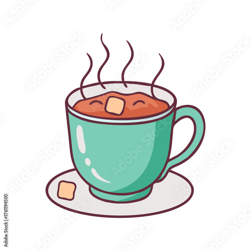 Illustration of a hot chocolate drink in a green mug with marshmallows and steam art design