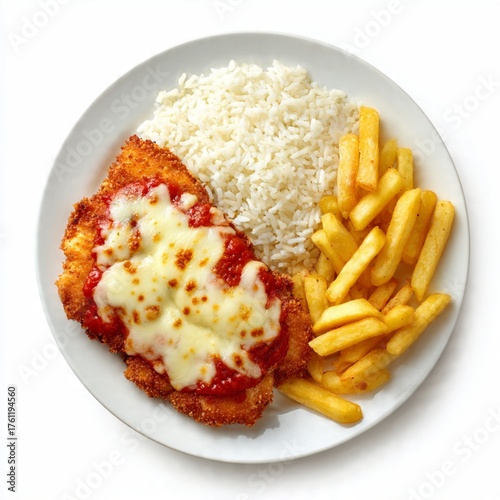 Foto Crispy Chicken Parmigiana Meal served with Fluffy Rice and Golden French Fries,