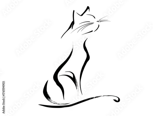 A single continuous line drawing of a cat in a human-like sitting pose, one paw raised as if casting a subtle spell.