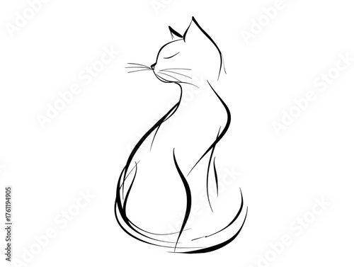 A single continuous line drawing of a cat in a human-like sitting pose, one paw raised as if casting a subtle spell.