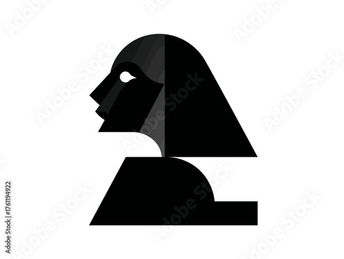 A minimalist vector icon of the Sphinx's head (human profile) merged with a lion's body, constructed from basic geometric shapes.